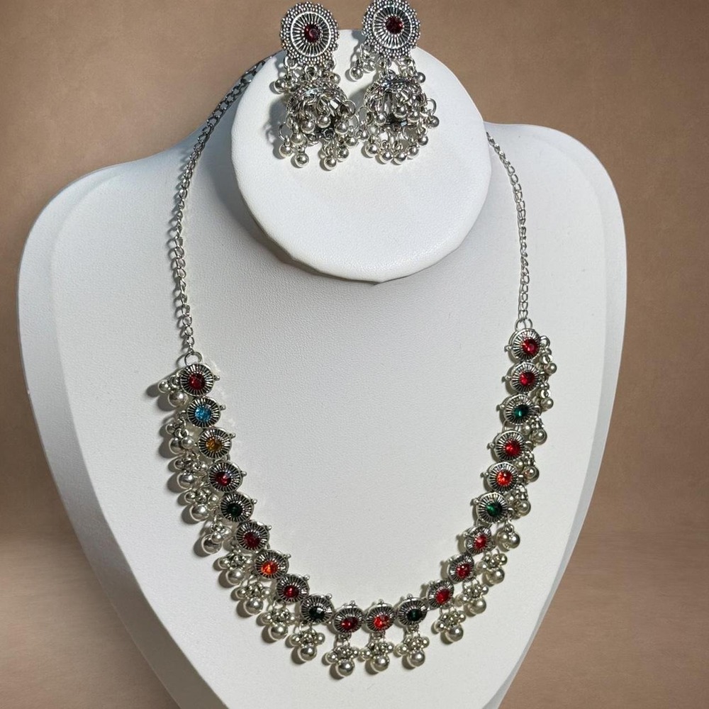 Boho Indian Inspired Jewelry Set Colorful Stone Necklace Jhumka Earrings